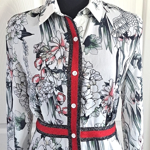 NEW Extelle Floral Print Birds Flowy Tie Back Red Sparkle Collar Button-Up Dress - Picture 2 of 11